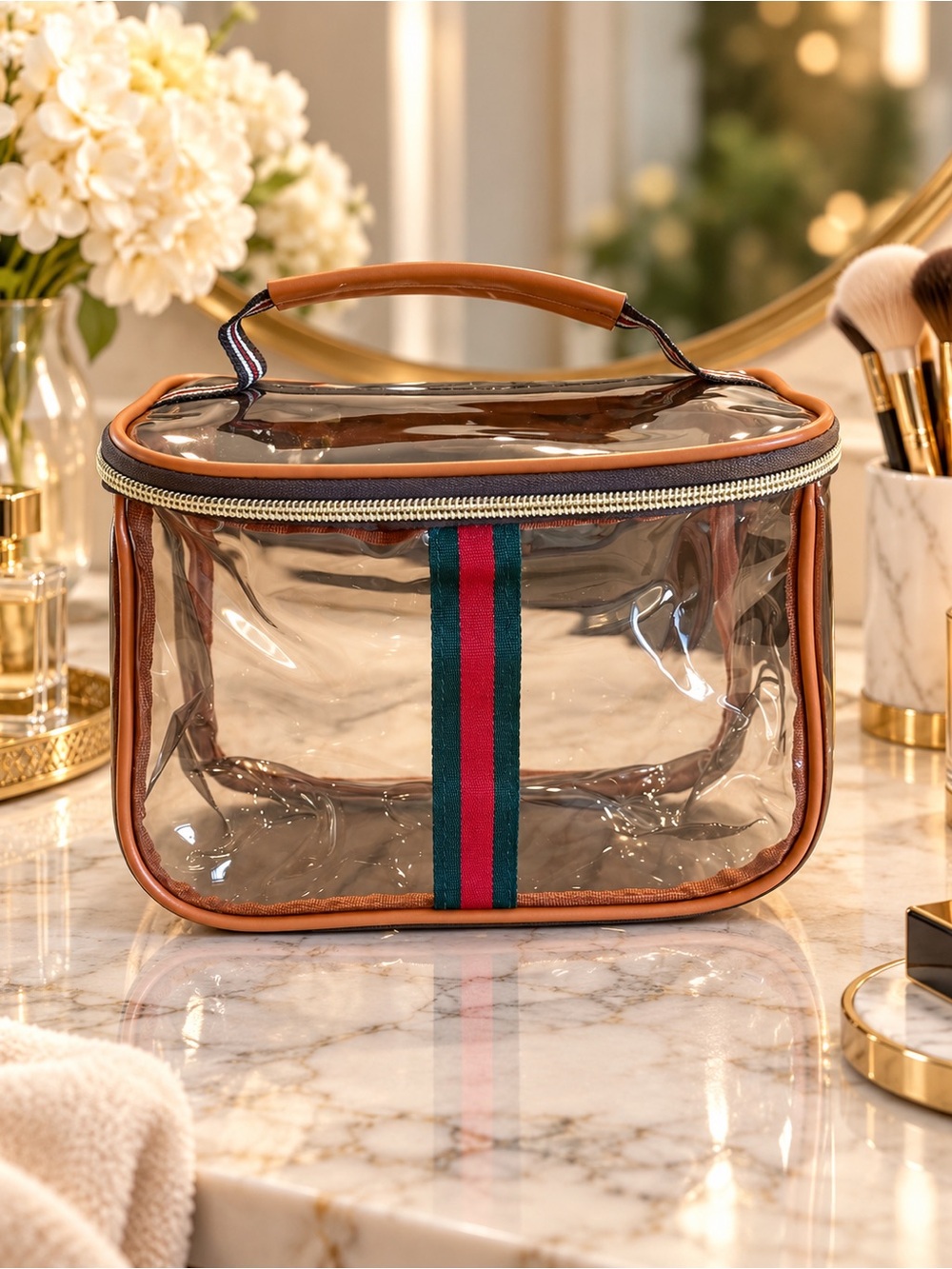 Luxury Clear Cosmetic Travel Case with Brown Trim